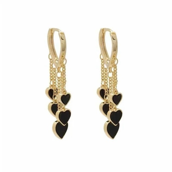 Black Heart Tassel Hoop Gold Dangle Hearts Earrings Nwt - Picture 3 of 5